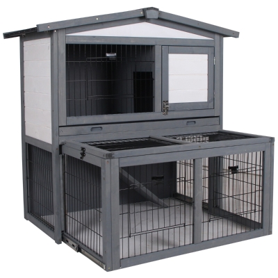 PawHut Deluxe Wooden 2 Story Rabbit Hutch with Slide-Out Outdoor Run, Lockable Doors, and Ramp - Grey & White