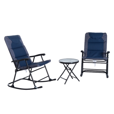Outsunny 3 Piece Outdoor Folding Rocking Chair and Table Set - Blue and Grey