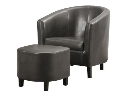 Monarch Modern Upholstered Leather-Look Curved Back Barrel Tub Chair with Matching Ottoman - Charcoal Grey