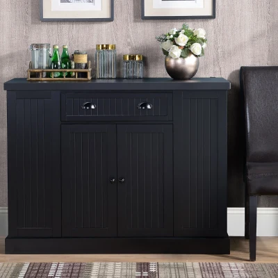 HOMCOM Fluted Wooden Kitchen Island, Storage Cabinet, Black