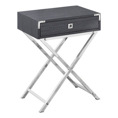 Monarch 24" Contemporary Accent Side End Table with Large Storage Drawer and Metal X-Design Legs - Grey Wood Grain-Look / Chrome Metal Legs