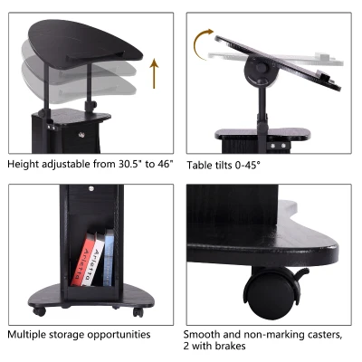 HOMCOM Deluxe Height Adjustable Rolling Laptop Cart Presentation Stand with Tilt Table Top and Storage Black