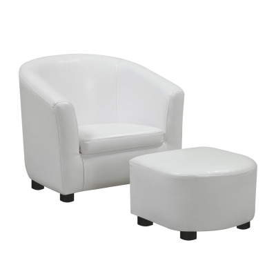 Monarch Kids' Upholstered Leather-Look Barrel Club Chair with Matching Ottoman - White