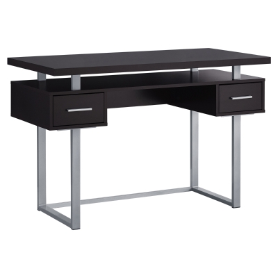 Monarch 48" Contemporary Floating Top Computer Writing Desk - Cappuccino / Silver Metal