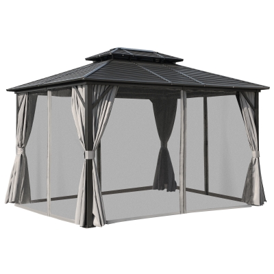 Outsunny 12'x 10' 2-Tier Roof Steel Hardtop Aluminum Permanent Gazebo with Mesh Net and Privacy Sidewalls
