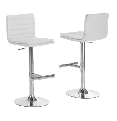 Monarch 2 Piece Contemporary PU Leather Ribbed Seat Chrome Base Hydraulic Lift Swivel Barstool Chair Set - White Finish