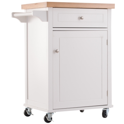 Open Box HOMCOM 27.5" Pine Wood Bamboo Portable Rolling Kitchen Island Cart with Wheels - White