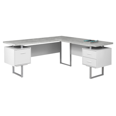 Monarch L-Shaped Contemporary Faux-Cement Look Computer Desk - White / Grey Cement
