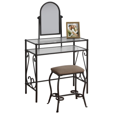 Monarch 2 Piece Contemporary Swivel Mirror Scroll-Design Metal Frame Makeup Vanity Table Set with Beige Cushioned Stool - Brown Finish