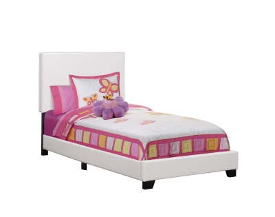 Monarch Twin Size Contemporary Upholstered Bed Frame with Wood Legs - White Leather Look
