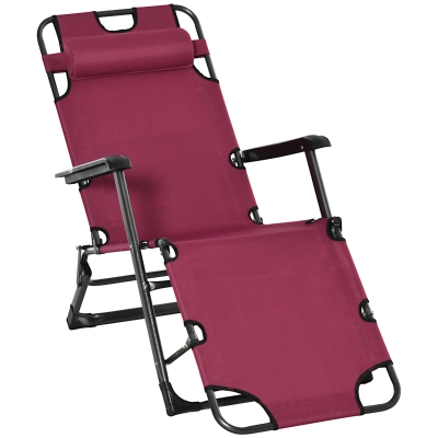 Outsunny Folding Beach Lounge Chair with Armrest and Removeable Padded Headrest, Red