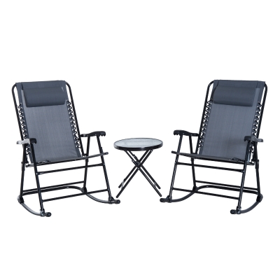 Outsunny Outdoor Folding Rocking Chair Patio Table Seating Set, 2 Rocking Chairs with Armrests and 1 Side Table with Tempered Glass - Grey
