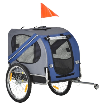 Aosom Bike Trailer Cargo Cart for Dogs and Pets with 3 Entrances Large Wheels for Off-Road & Mesh Screen, Blue/Grey
