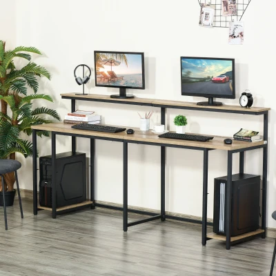 HOMCOM 2-Person Office Desk with Elevated Monitor Rack, Light Brown
