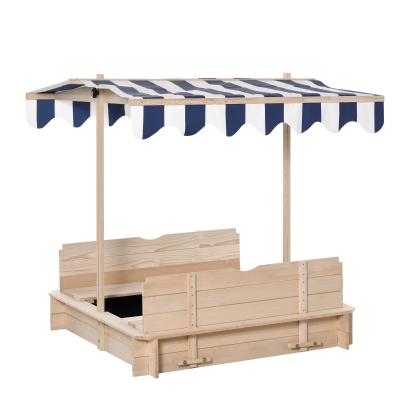 Outsunny Wooden Kids Sandbox w/ Cover Adjustable Canopy Convertible Bench Seat Bottom Liner