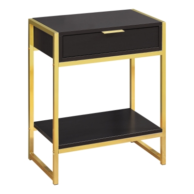 Monarch 24" Contemporary End Table Night Stand with Large Storage Drawer and Open Bottom Shelf - Cappuccino Wood Grain-Look / Gold Metal Frame