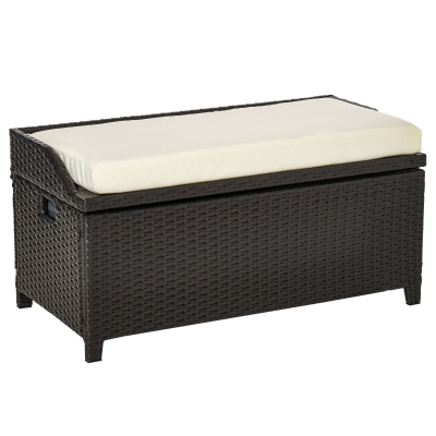 Outsunny PE Rattan Patio Storage Bench with Interior Water-Fighting Cloth Bag & Comfortable White Top Cushion, Brown