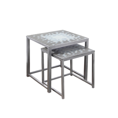 Monarch 2-Piece Modern Mosaic Tile Top Hammered Silver Metal Frame Nesting Accent Side End Table Set - Grey / Blue Tile Finish