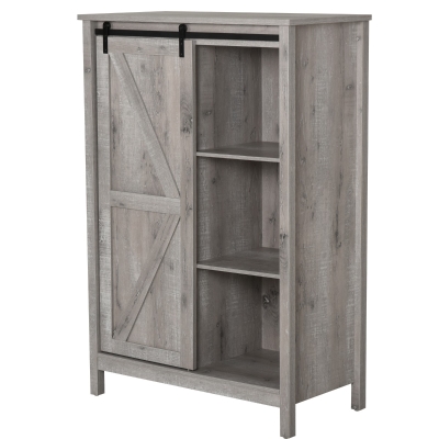 HOMCOM Accent Cabinet, Kictchen Cupboard Storage Cabinet, 3-Tier Organizer with Barn Door and Adjustable Shelf, Grey Oak