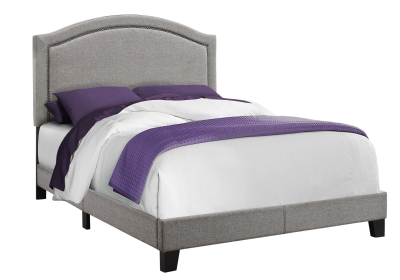Monarch Full Size Contemporary Upholstered Bed Frame with Chrome Nail Head Trim and Wood Legs - Grey Linen Look