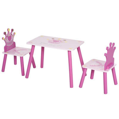 Qaba 3-Piece Set Kids Wooden Table Chair with Crown Pattern Easy to Clean Gift for Girls Toddlers Age 3 to 8 Years Old - Pink