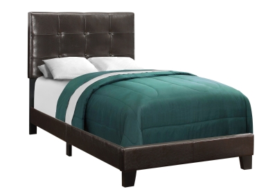 Monarch Twin Size Contemporary Upholstered Bed Frame with Tufted Headboard and Wood Legs - Dark Brown Leather Look