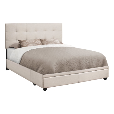 Monarch Queen Size Platform Bed Frame and Tufted Headboard with 2 Storage Drawers - Beige Linen