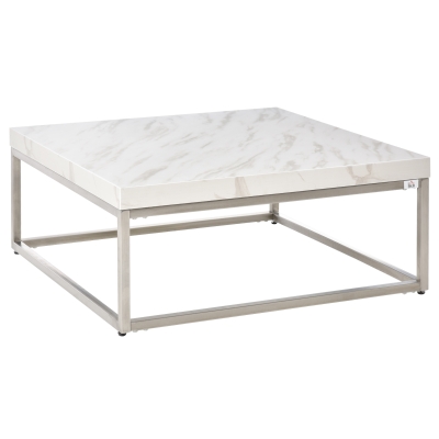 HOMCOM Square Coffee Table with Faux Marble Tabletop, Modern Sofa Side Table with Stainless Steel Frame for Living Room, White