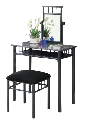 Monarch 2-Piece Modern Marble-Look Top Bronze Metal Frame Vanity Makeup Table Set with Padded Bench Seat and Mirror - Grey Finish
