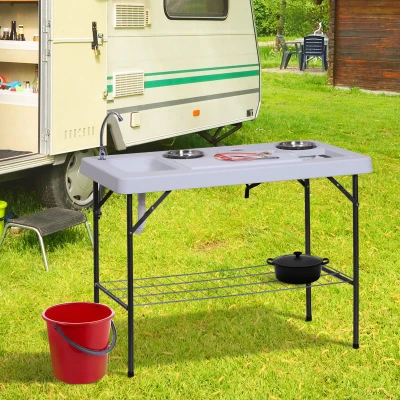 Outsunny 50" Portable Camping Table with Sink & Stainless Steel Basins