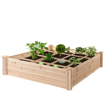 Outsunny 3.9ft x 3.9ft Raised Garden Bed Box with Segmented Growing Grid, Wood Material for Backyard Plants & Herbs
