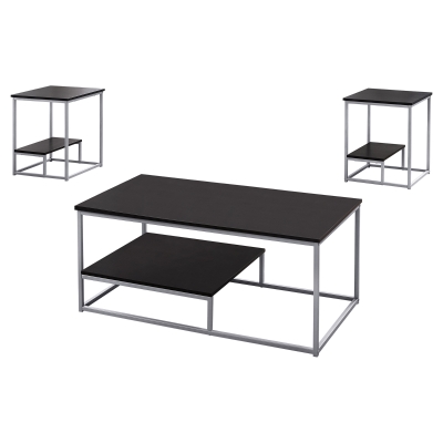 Monarch 3 Piece Modern Minimalist Smooth Laminate Top Coffee Table / Two Matching End Tables Set - Cappuccino / Silver