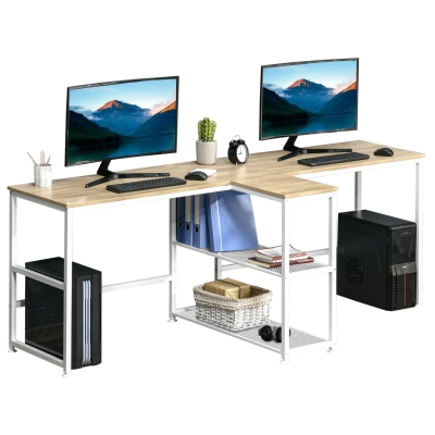 HOMCOM 83'' Two Person Desk w/ Storage Shelves, Computer Office Double Desk, Writing Table - Natural