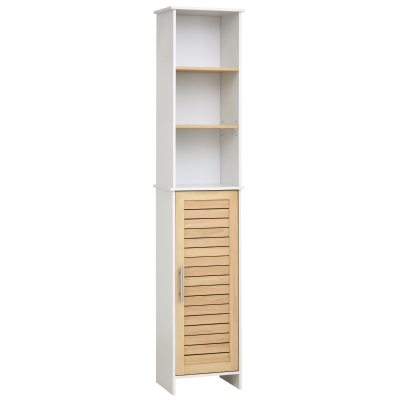 Kleankin Organizer Bathroom Tall Storage Cabinet w/ Door Tower Cupboard Open Shelves Freestanding Furniture