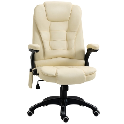 HomCom High Back Executive Massage Office Chair Faux Leather Heated Reclining Desk Chair with 6 Point Vibration, Adjustable Height, Cream White