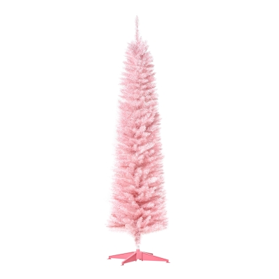 HOMCOM 6ft Tall Slim Noble Fir Unlit Artificial Christmas Tree with Realistic Branches and 390 Tips, Pink