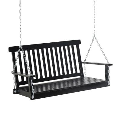 Outsunny 2 Seater Outdoor Porch Swing Chair Seat with Slat Design, Hanging Chains Wooden Hammock Bench for Garden Patio Yard, Black