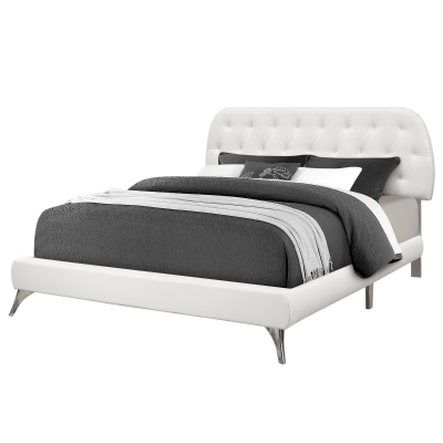 Monarch Queen Size Contemporary Upholstered Bed Frame with Padded Diamond Tufted Headboard and Chrome Legs - White Leather Look