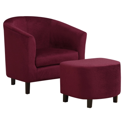 Monarch Curved Back Floral Velvet Accent Barrel Tub Chair with Matching Ottoman - Dark Red