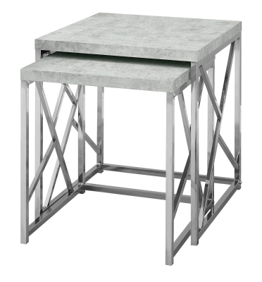 Monarch 2 Piece Contemporary Polished Chrome Metal Frame Accent Side End Nesting Table Set - Grey Cement-Look Finish