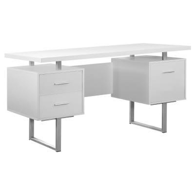 Monarch 60" Contemporary Floating Top Hollow-Core Office Desk with 2 Storage Drawers and File Drawer - White / Silver Metal