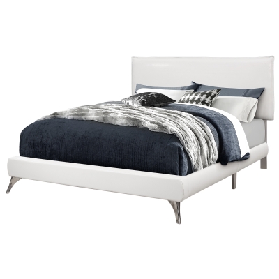 Monarch Queen Size Modern Upholstered Bed Frame with Padded Headboard and Chrome Legs - White Leather Look