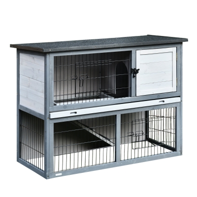 PawHut 2-tier Wooden Rabbit Hutch with Upper House Area and Lower Play Area with Cage - Great for Bunnies/Small Animals