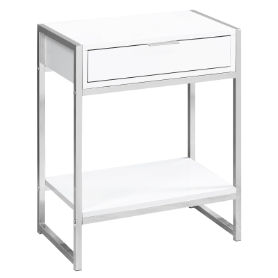 Monarch 24" Contemporary End Table Night Stand with Large Storage Drawer and Open Bottom Shelf - White / Chrome Frame