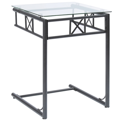 Monarch 24" Contemporary Tempered Glass Top Metal Frame C-Shaped Side Accent Table - Black Finish