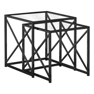 Monarch 2 Piece Contemporary Tempered Glass Nesting Accent Side End Table Set with X-Design Metal Base - Black Nickel