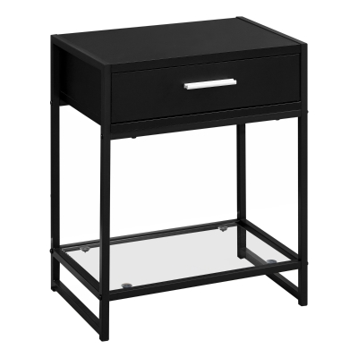 Monarch 22" Modern Compact End Table Night Stand with Storage Drawer, Metal Base and Clear Tempered Glass Bottom Shelf - Black / Black Metal Base