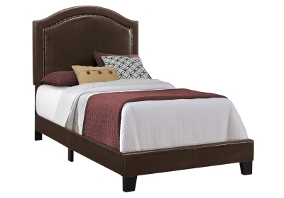 Monarch Twin Size Contemporary Upholstered Bed Frame with Brass Nail Head Trim and Wood Legs - Brown Leather Look