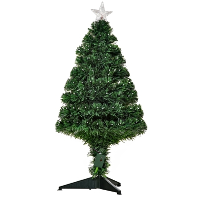 HOMCOM 3ft Artificial Pre-Lit Fiber Optic LED Light-Up Christmas Tree With 8 Light Settings And Stand - Green
