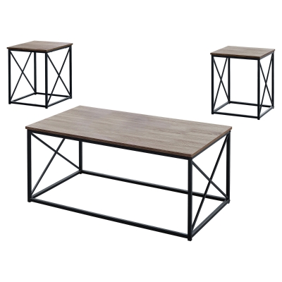 Monarch 3 Piece Modern Minimalist X Braced Wood-Look Top Coffee Table / Two Matching End Tables Set - Dark Taupe / Black Metal